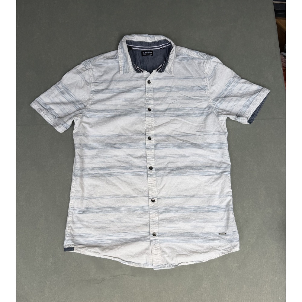 Buffalo David Bitton Mens Short Sleeve Button Down Shirt White Blue Striped M